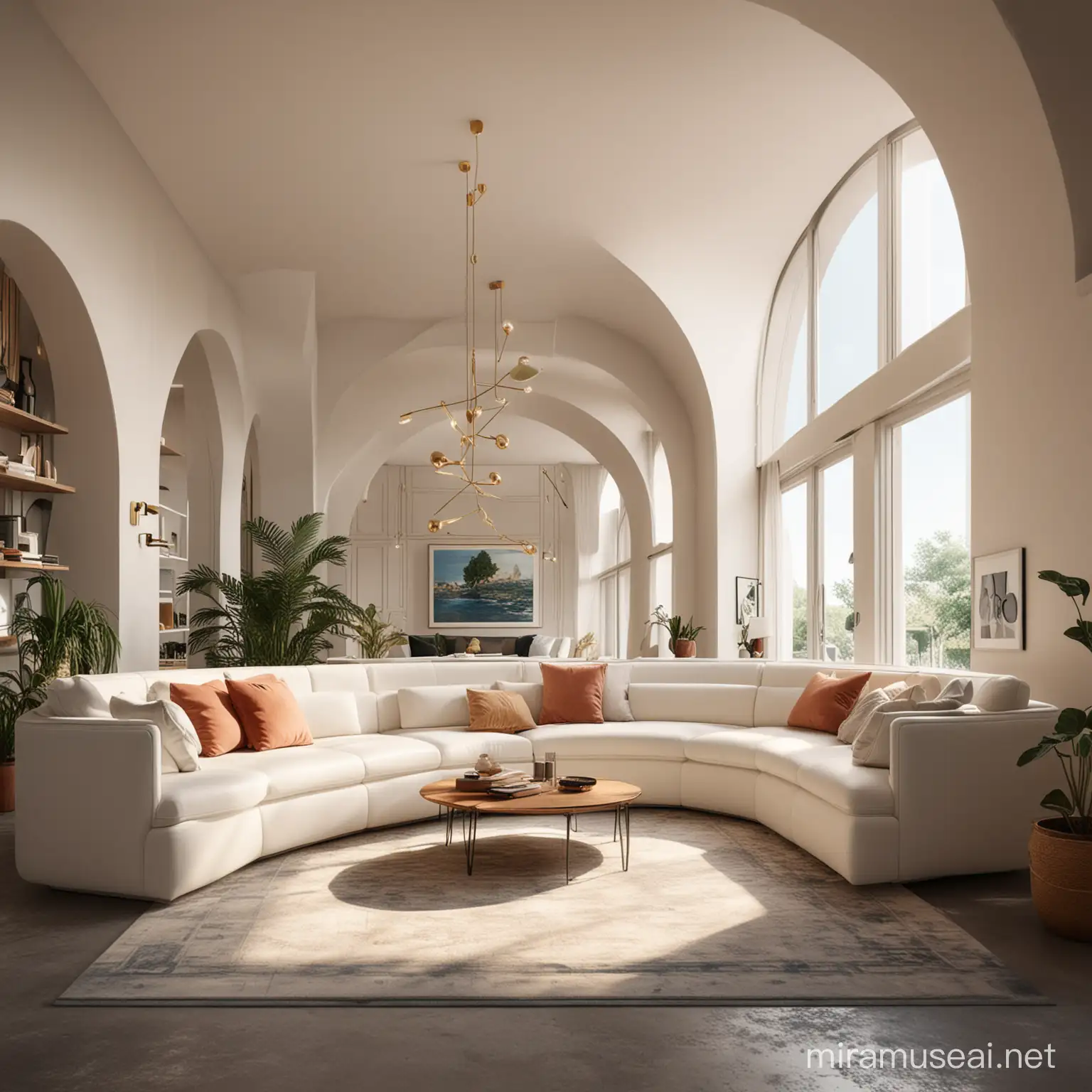 Futuristic Living Space with Ergonomic Sofa and 8K Digital Art Display