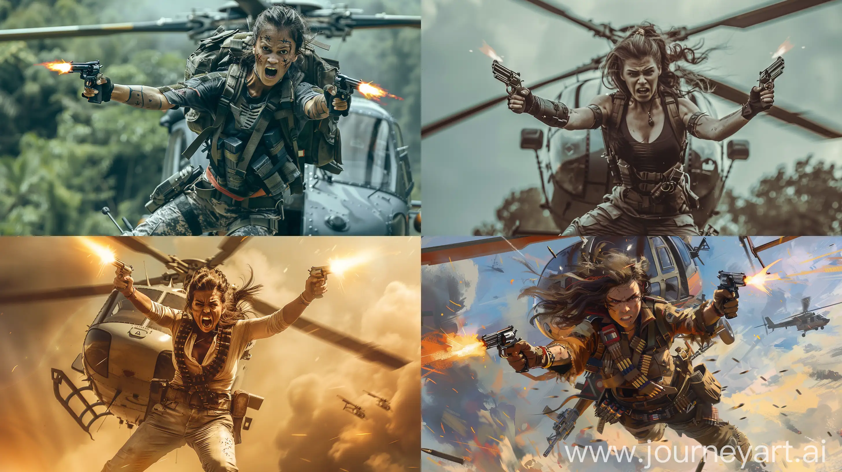 A warrior woman in full body battle-gear, holding two revolvers flashing and jumping from a helicopter to a battlefield with an angry expression, full body shot, high detail, high resolution, cinematic, dynamic pose, dramatic. --ar 16:9 --s 150 --c 10 --v 6.0