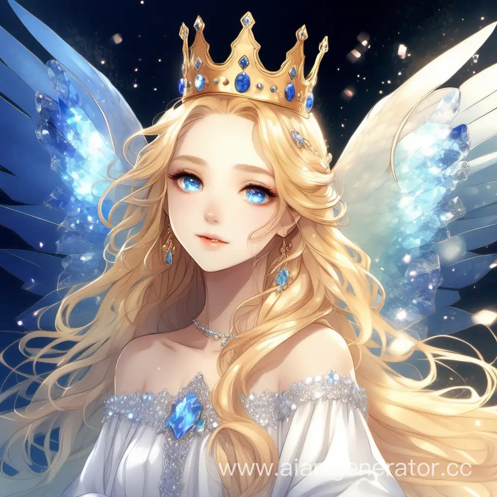Милая девушка лет 18 , белое платье , длинные золотые волосы , милая корона , огромные хрустальные голубые крылья , мечтательный взгляд