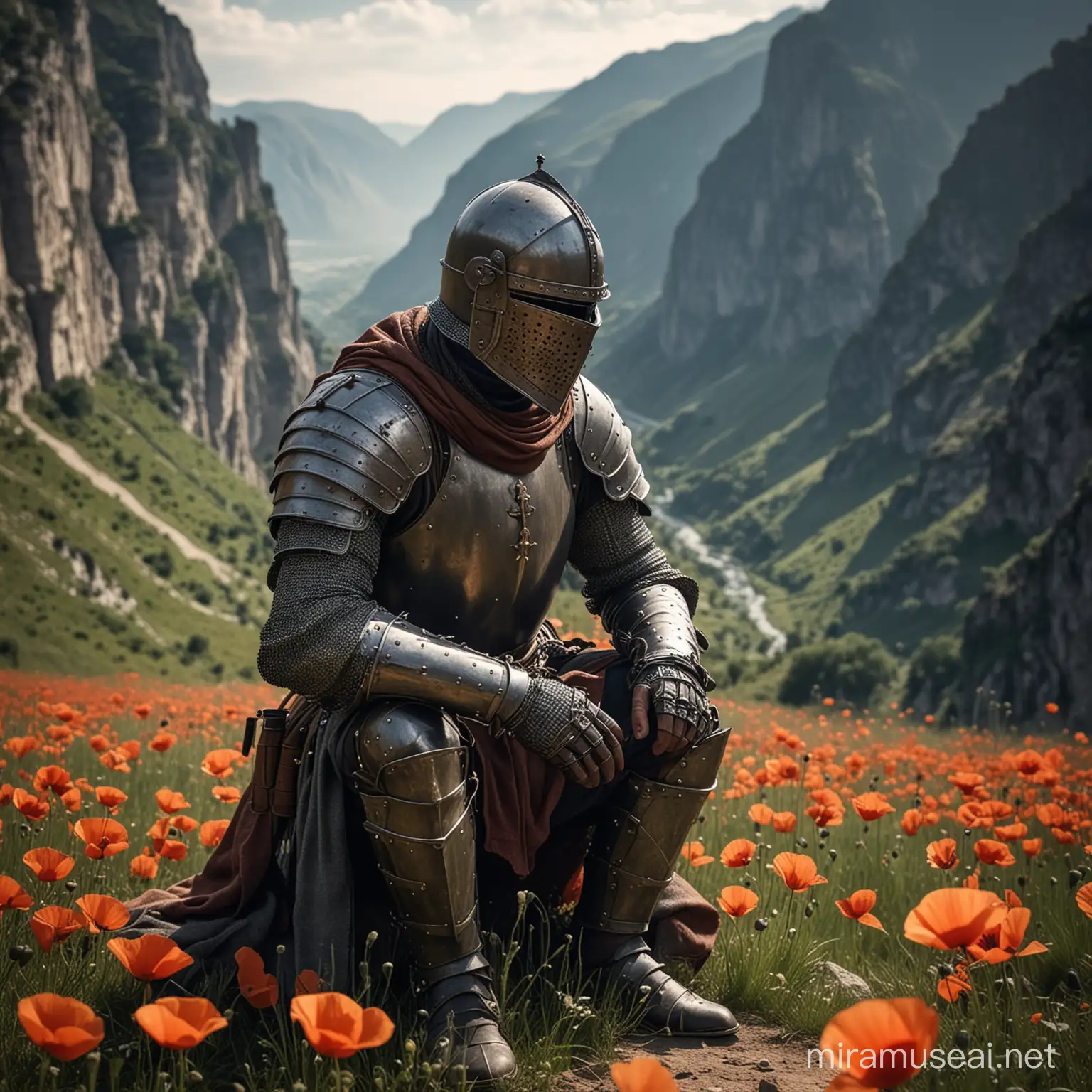 Generate an image of a medieval knight in full armor, including a helmet that completely covers his face so that not even his eyes are visible. The armor is dark and has many small details. The knight is in a pensive posture, looking down with melancholy. In his hands, he plays with some stones while seeming to think about something dramatic. He is seated in the middle of a field of poppies. In the background, a gorge between two large mountains is visible