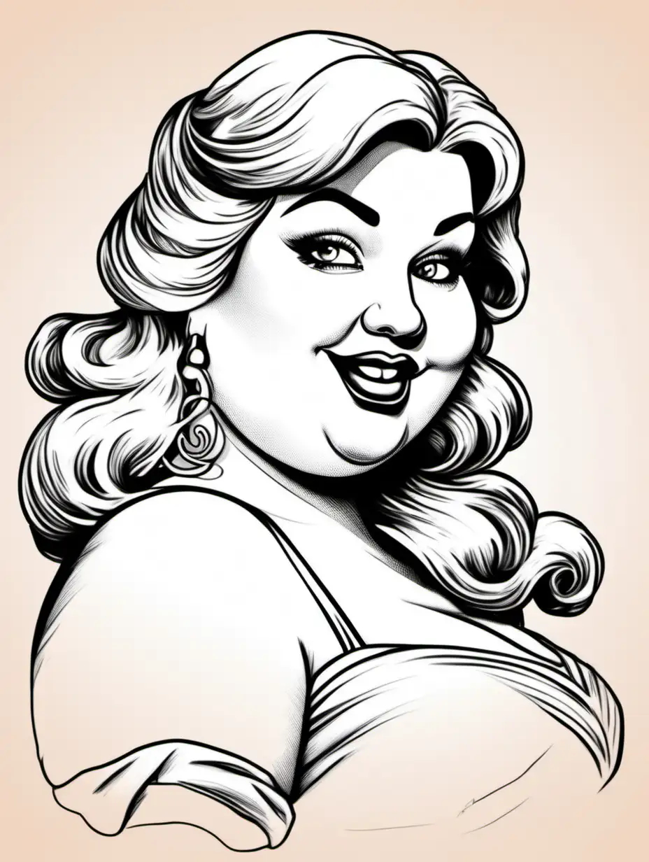Cute fat woman pin-up model line drawing now shading
