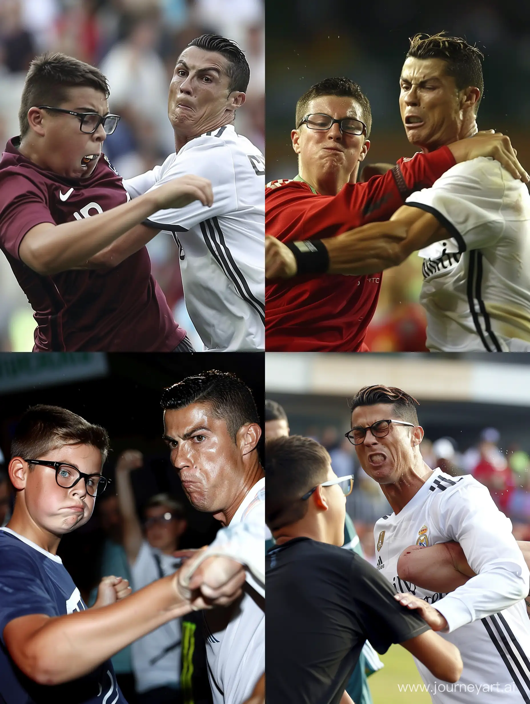 Cristiano Ronaldo punching a fat Italia boy 15 years old with glasses black short hair