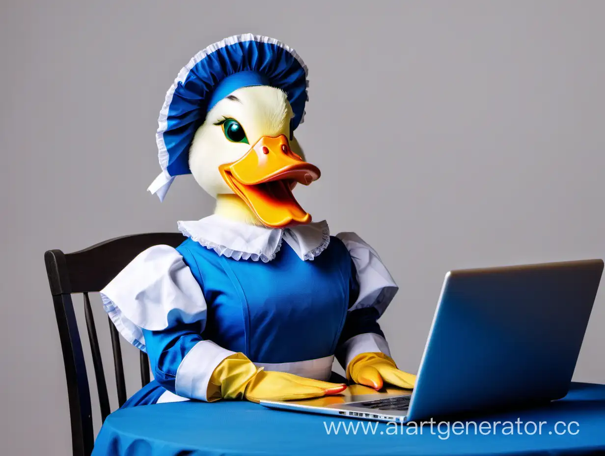 утка в голубом костюме горничной сидит ха столом с ноутбуком