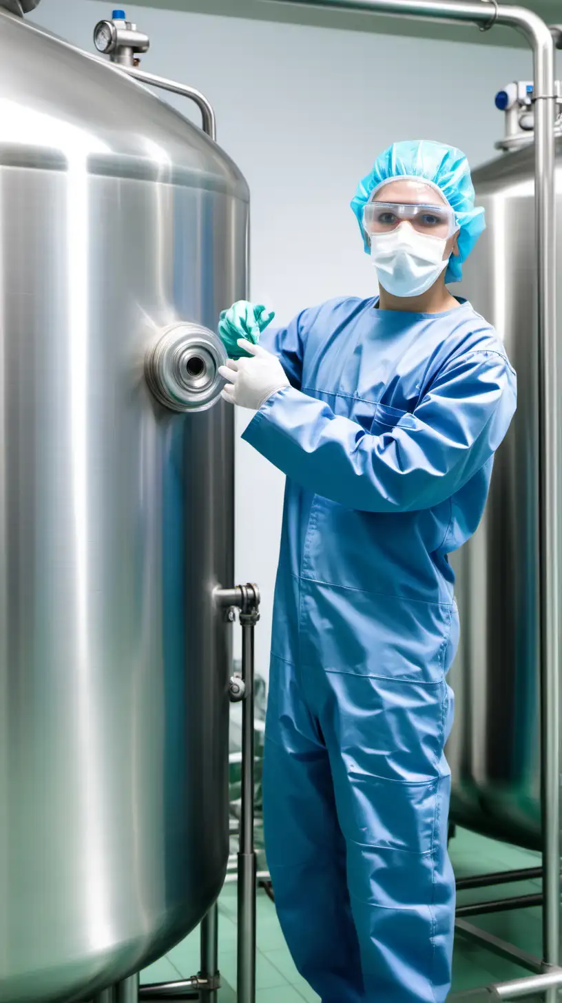 pharmaceutical worker is checking tank, stainless steel, look at camera, all of body visible