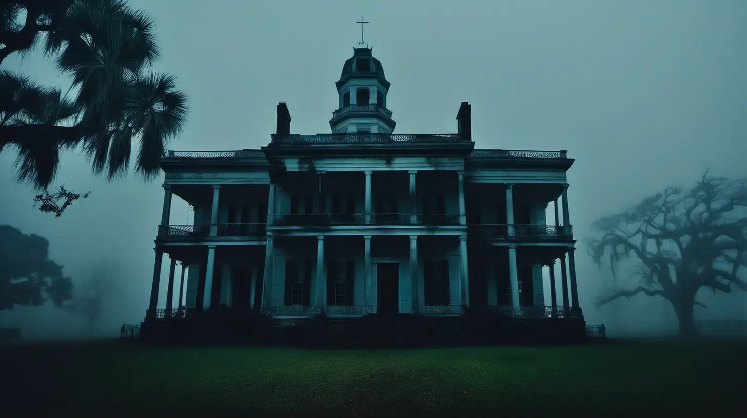 a Louisiana plantation mansion on a very dark night in the fog with a graveyard in the foreground