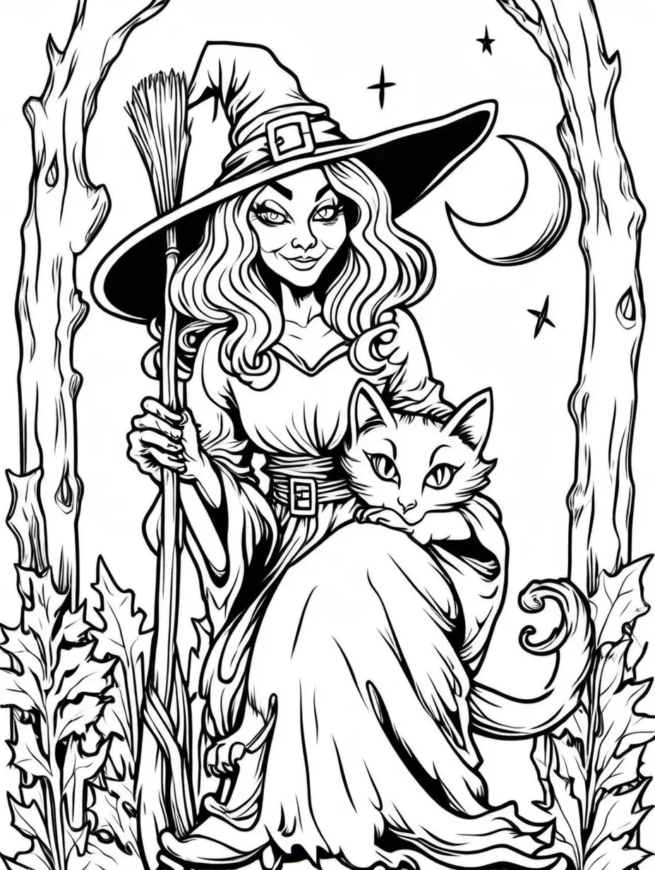 Charming Witch and Cat Coloring Page for All Ages