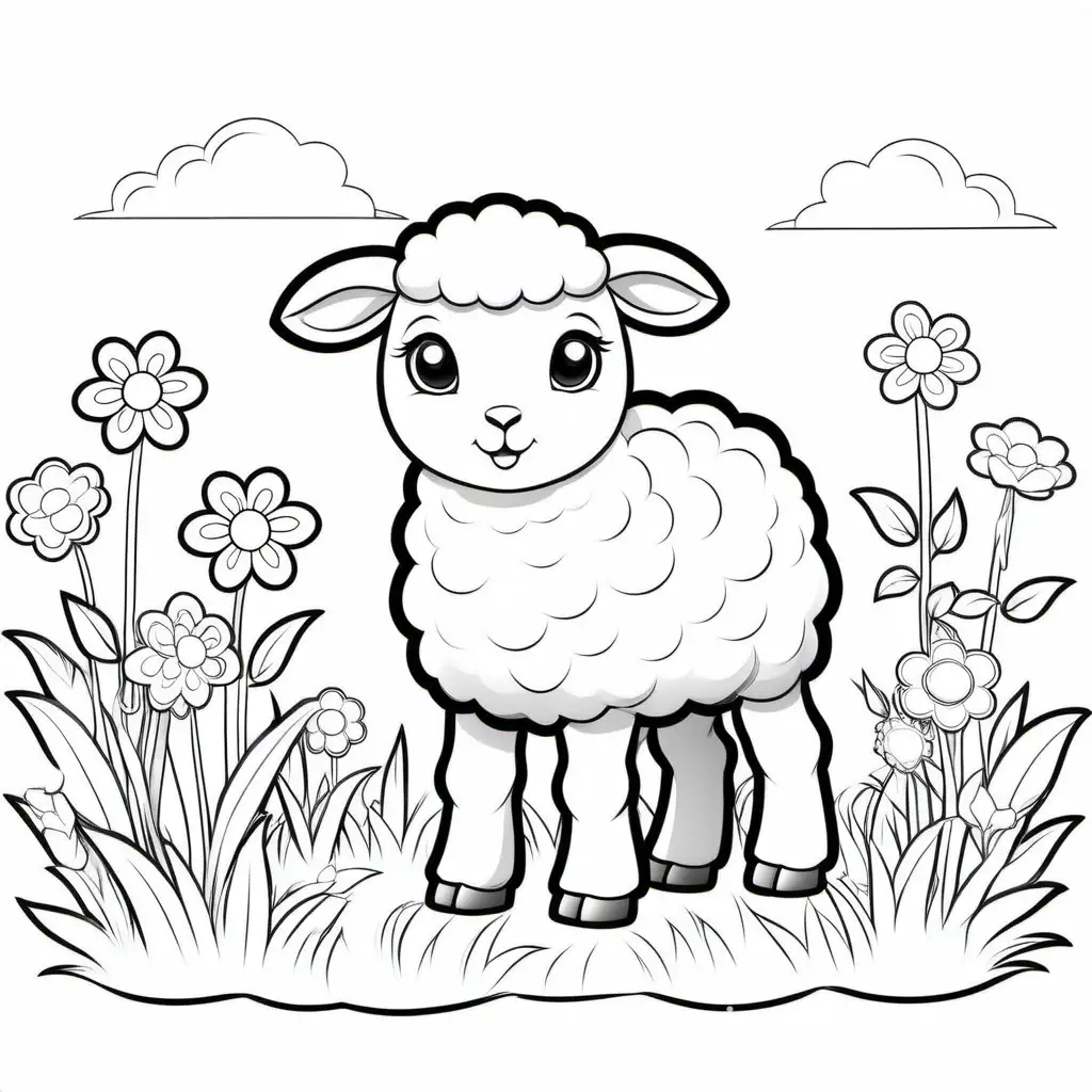 cute baby sheep  standing on grass and flowers
coloring page for kids, Coloring Page, black and white, line art, white background, Simplicity, Ample White Space. The background of the coloring page is plain white to make it easy for young children to color within the lines. The outlines of all the subjects are easy to distinguish, making it simple for kids to color without too much difficulty