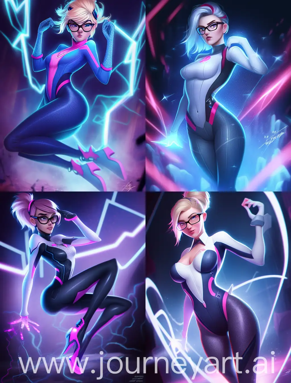 young, hot, beautiful, anime girl, glowing blue eyes, neon hair,wearing glasses, spider-gwen suit, full body shot, sliicked hair, in the style of jessica drossin, life-size figures, very sultry look, so hot look