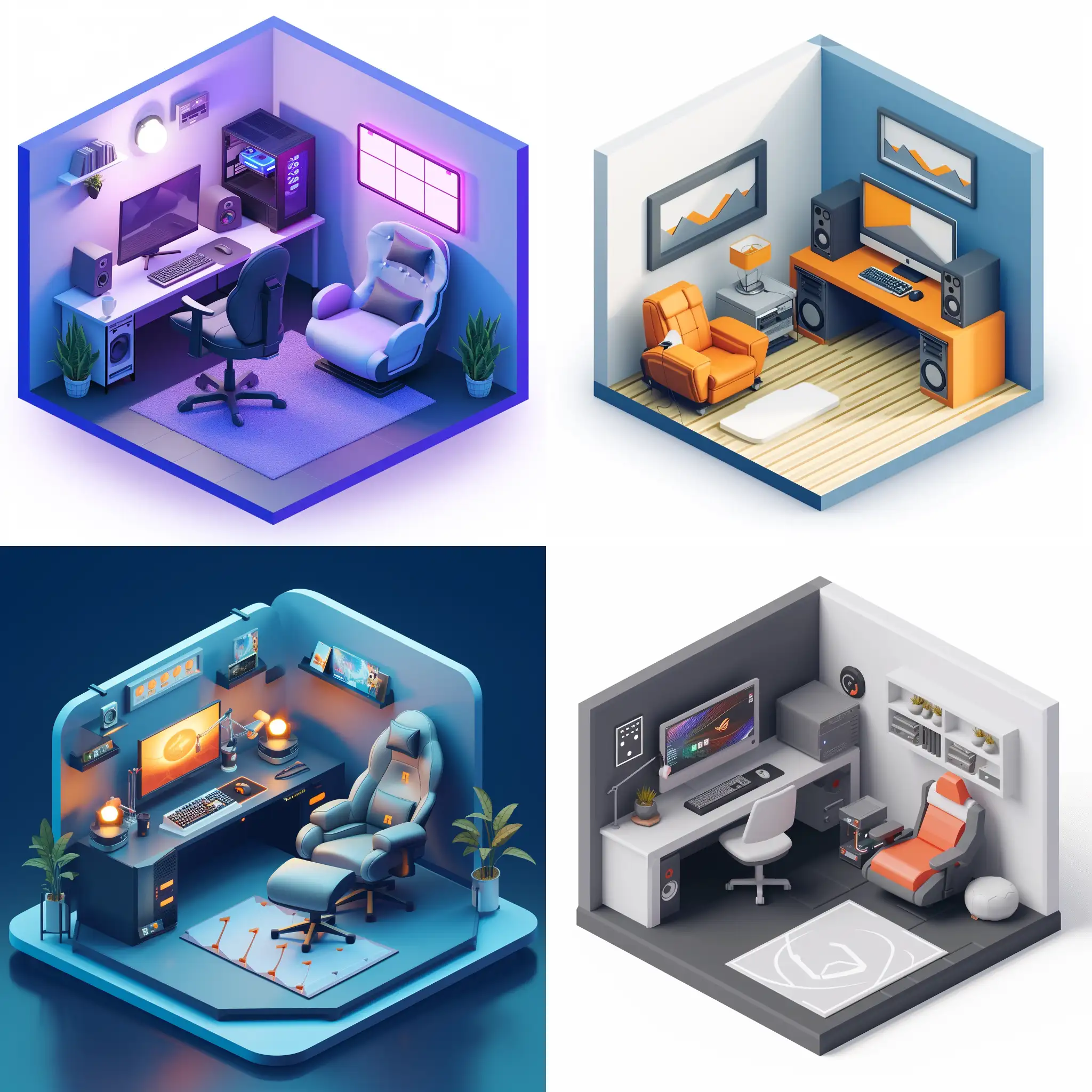 isometric 3D modern room for a streamer with an armchair and only one computer