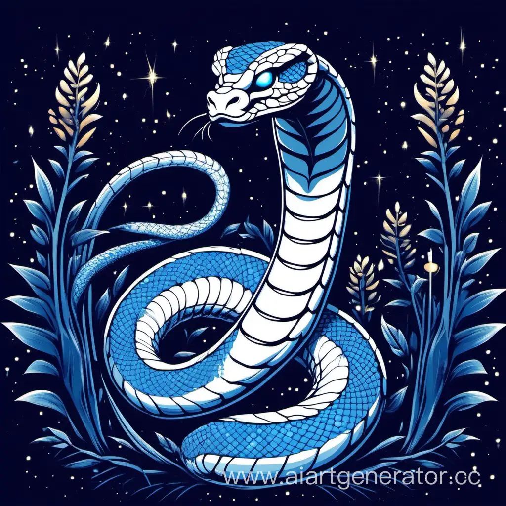 Волшебная белая кобра, у кобры высоко поднятая голова, широкий капюшон с голубым узором, вокруг этой кобры летают светлячки