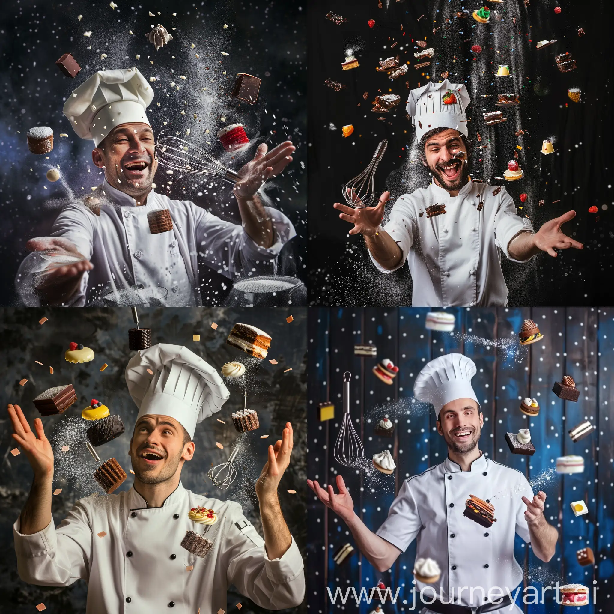 chef with a whisk pretending to do magic with flying desserts