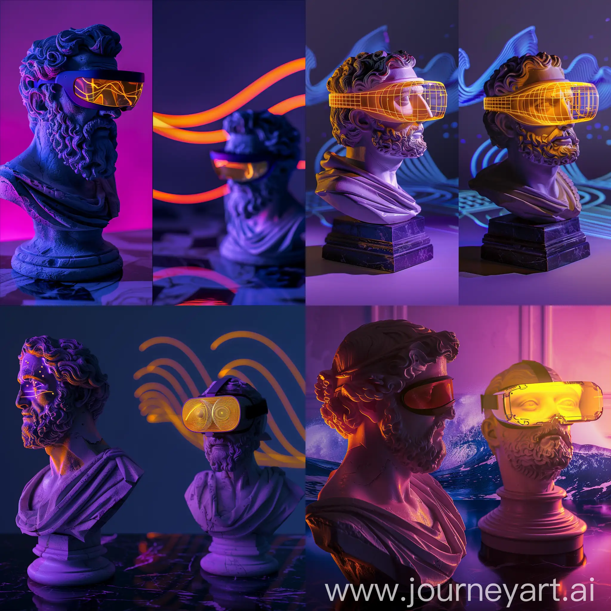 A Sculpture of Greek Philosopher in the left, Bust Style, Headshot Pose, Dramatic Shot, Dark theme, Purple light, a VR glass on his eyes with high yellow light, wave pattern in background, long shot, High Precision ar-- 16:9
