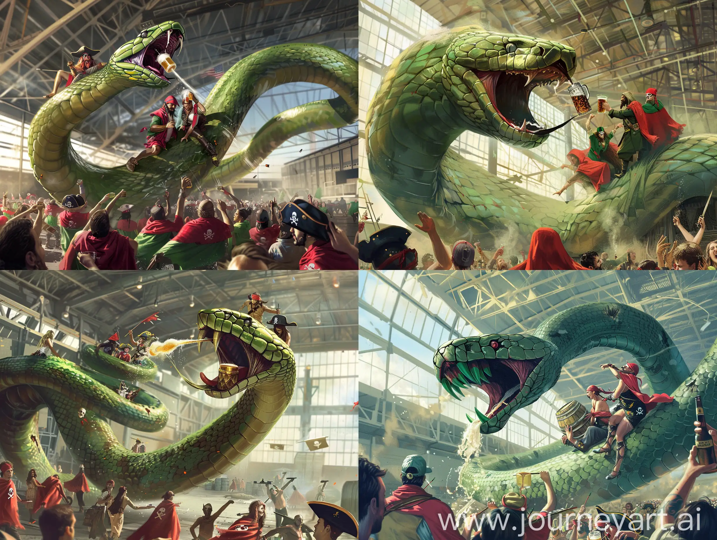 A giant green snake spitting beer by his fangs on a crowd having a party in a modern hangar. There are people having (red capes with green borders) riding the snake. Pirates are making a cocktail on the head of the snake. 