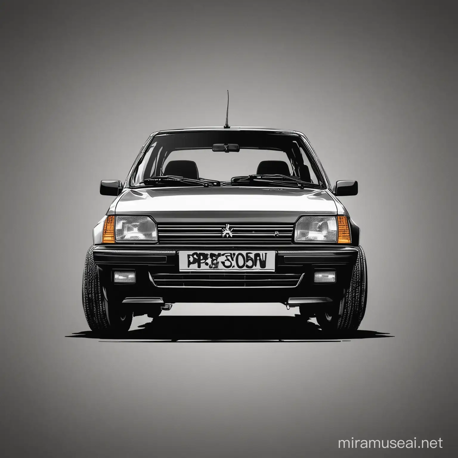 Peugeot 205, front view, cartoon, stencil , white with black background 
