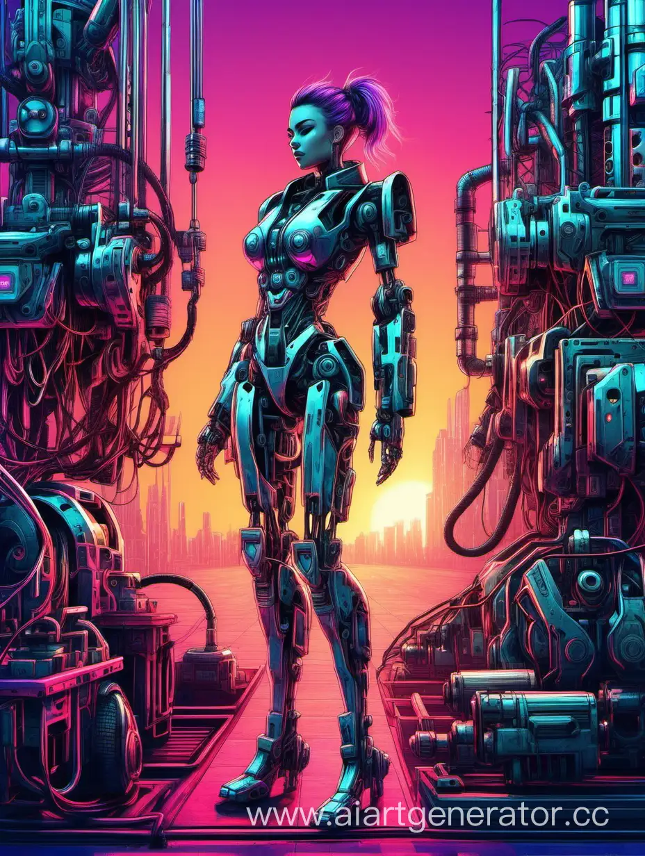 we draw a wallpaper factory, robot production, machine tools with manipulators, cyberpunk, sunset, neon-colored metal racks, a beautiful full-length girl in the middle is coming at us, manipulators 