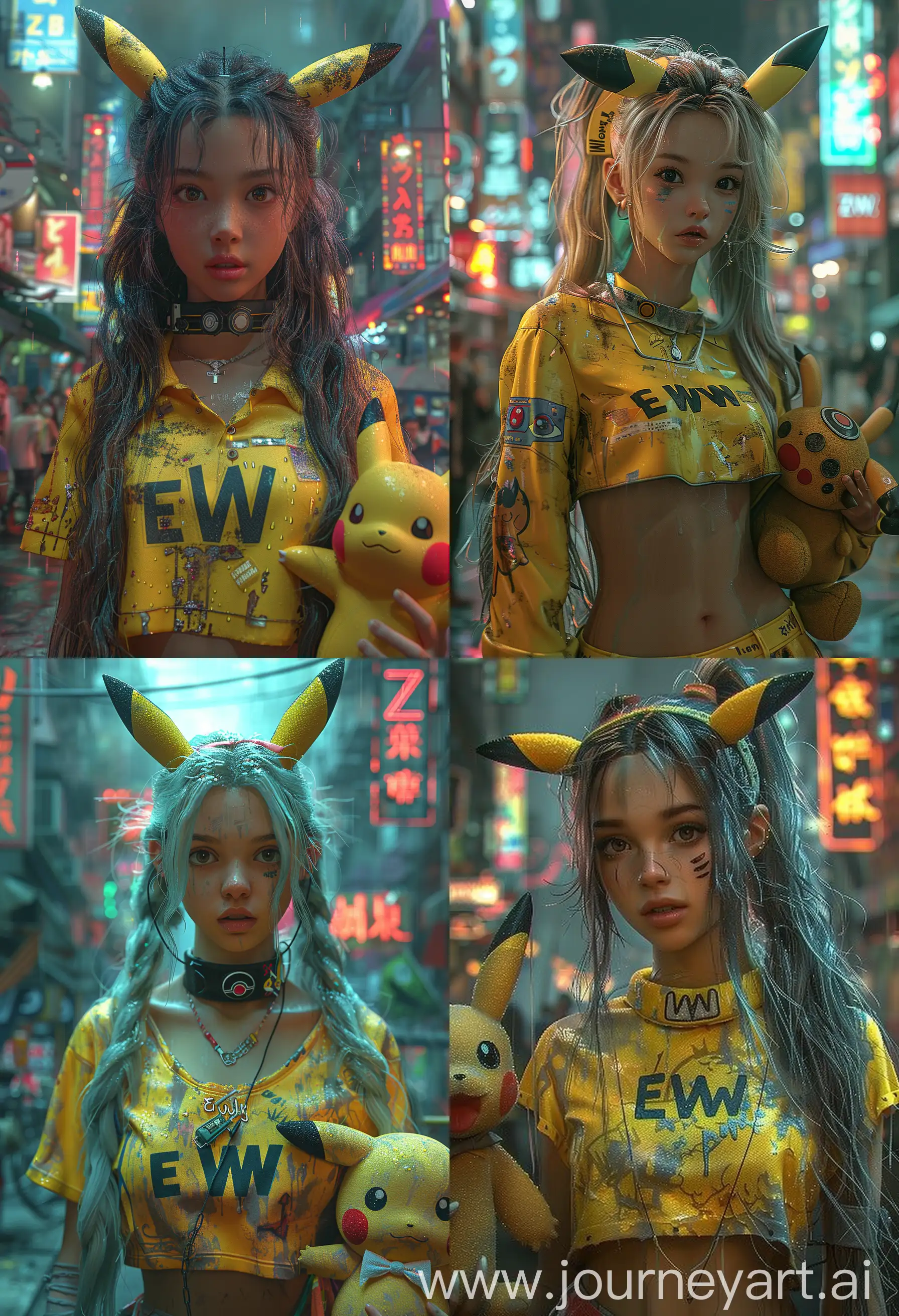 A cute anime character, ultra realistic, with a collar with the insription "EWW" and a yellow Pikachu shirt and  Pikachu ears, stand in a neon city, shes holding a Pikachu teddy in her hand, long hair, high quality CGI VFX fine art, ZBrush HDR | color grading | dark shadows | ambient occlusion | high resolution | intricate | hyperrealistic textures --s 750 --ar 28:41