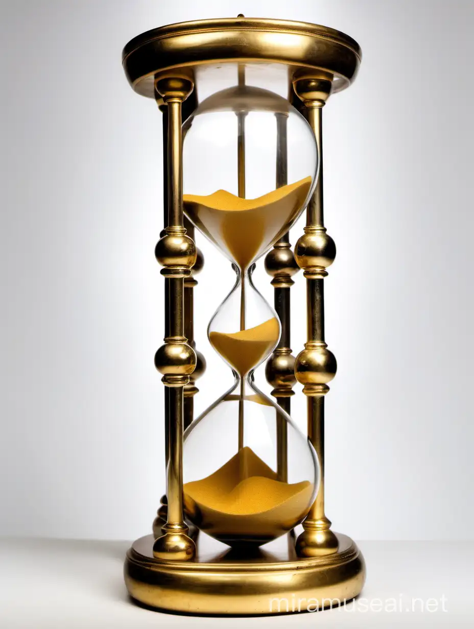 Antique hourglass made from 6banks. Banks are situated from up to down. Golden sand inside. Clear white backround.