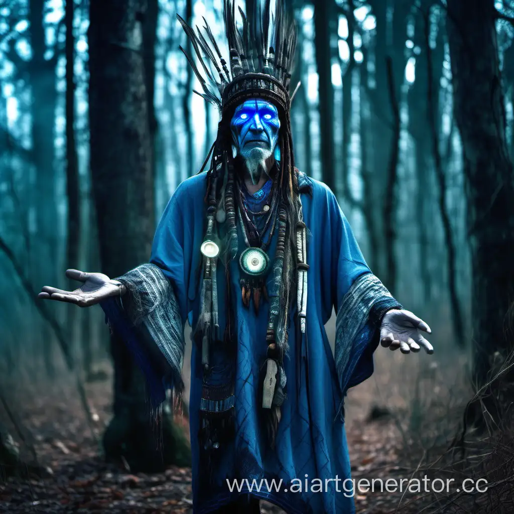 древний шаман на фоне старого леса со светящимися голубым светом глазами, высокая детализация, фото