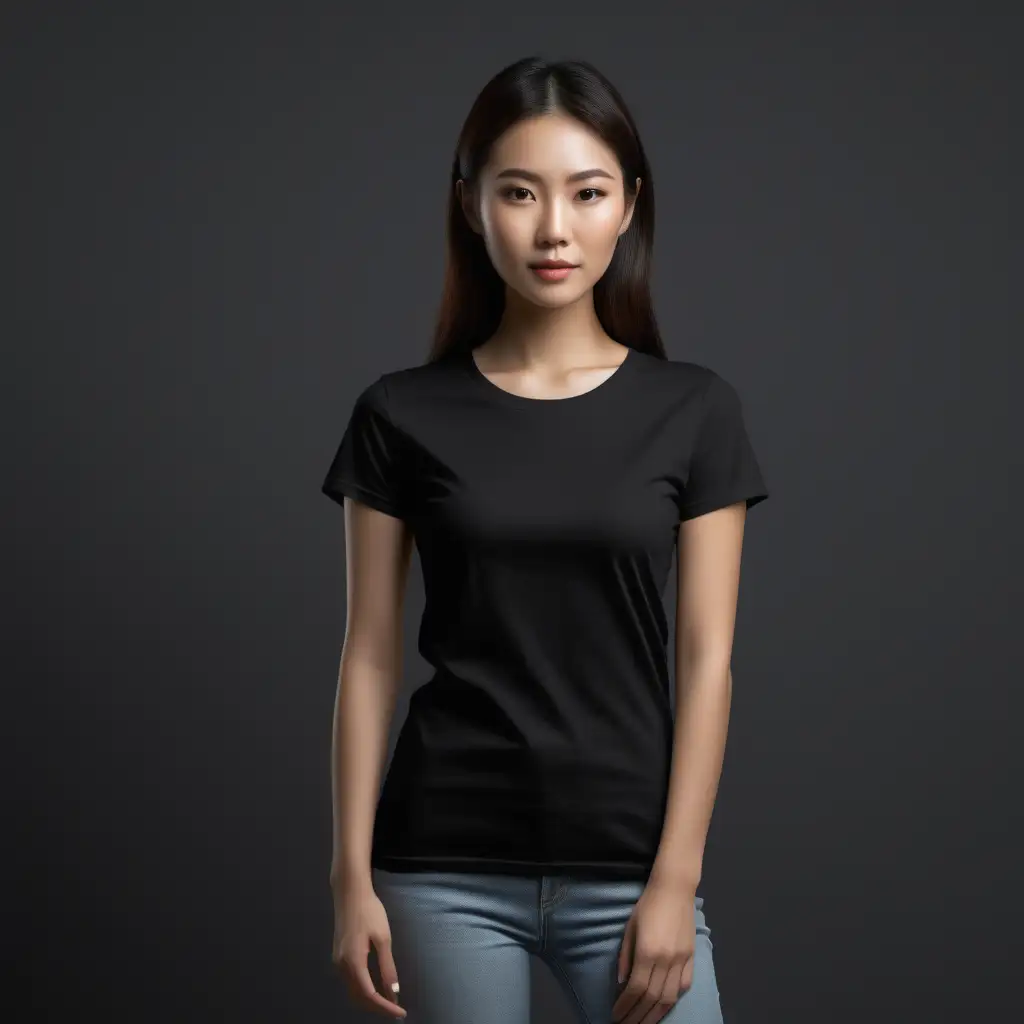 PLAIN dark black T-SHIRT, bella 3000 mock-up photo, asian woman ,t-shirt frontage for showcasing designs on. good lighting and styling. I would also love to see well-lit indoor room settings that are minimally furnished. 
