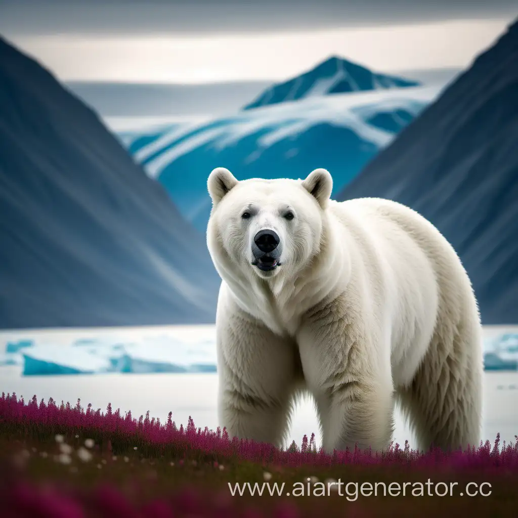 Красивая Природа Гренландии, живая зелёная природа, красивые горы, белый медведь, смотрящий на зрителя посредине