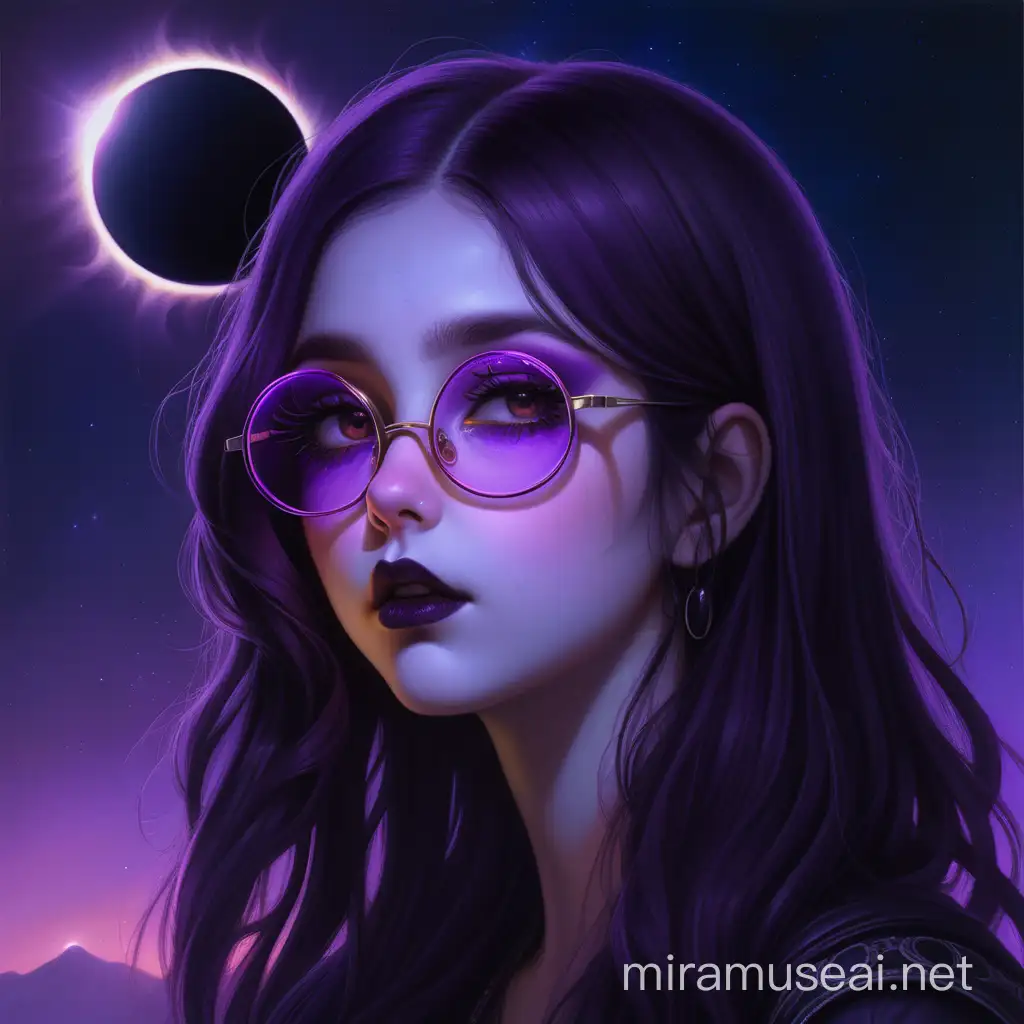 
Gothic portrait of pale white woman with round eyeglasses, big bright brown eyes with long lashes,  long dark purple hair, side parted hair, with rosey bulbous nose and large glossy pouty lips,  a total solar eclipse in sky, glowing neon purple shadows
