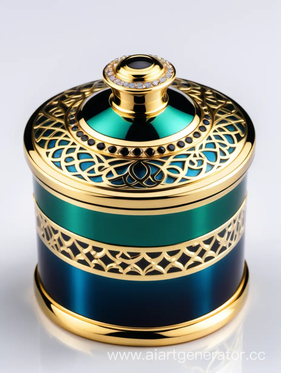 Elegant-Gold-and-Blue-Arabesque-Pattern-Perfume-Bottle-with-Decorative-Diamond-Cap