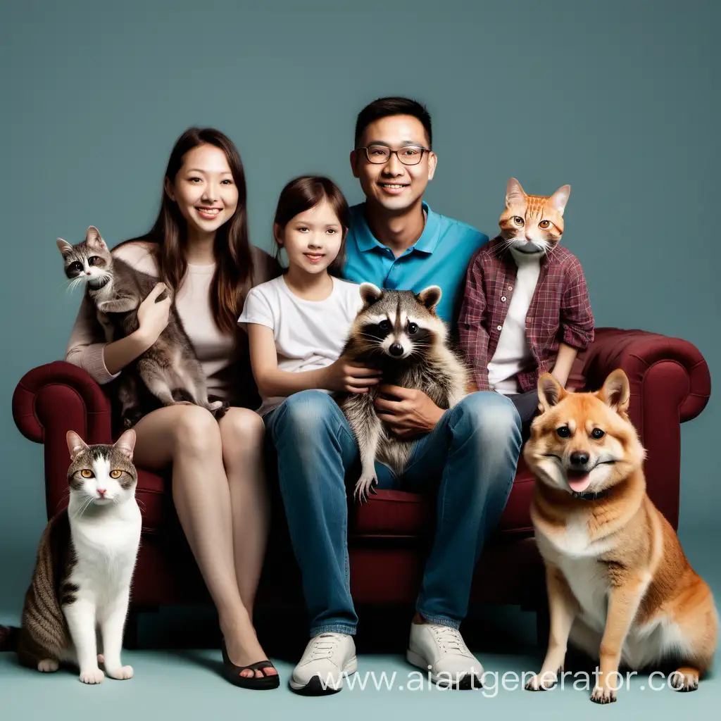 Групповой портрет семьи с енотам собакой и котом в современном мире 
