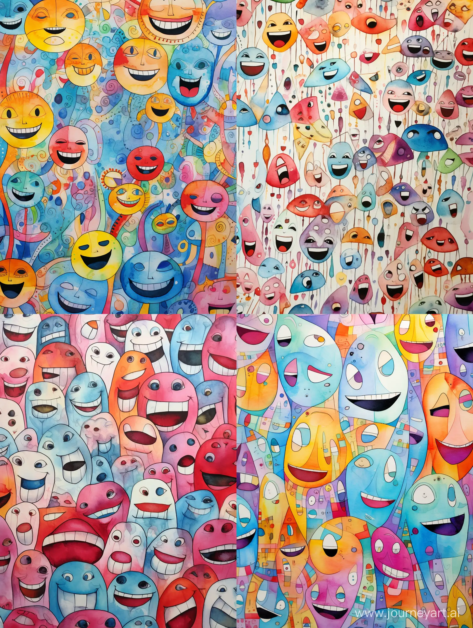 background of smiles, laughter, tears, thoughtfulness, anger, boredom, emotions stylized, small details, decorative pattern, transparent delicate colors, watercolor