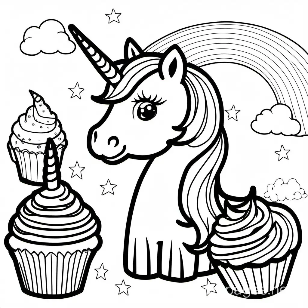 unicorn, rainbow and cupcake, Coloring Page, black and white, line art, white background, Simplicity, Ample White Space. The background of the coloring page is plain white to make it easy for young children to color within the lines. The outlines of all the subjects are easy to distinguish, making it simple for kids to color without too much difficulty