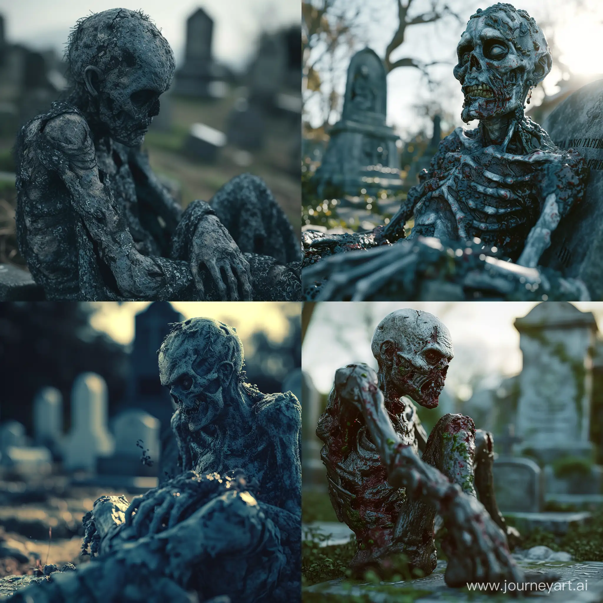 a close up a zombie sitting in a graveyard <lora:Disturbia:0.7>, highly detailed, 8k, sharp, professional, clear, high contrast, high saturated, , vivid deep blacks, crystal clear--stylize 750 --v 6