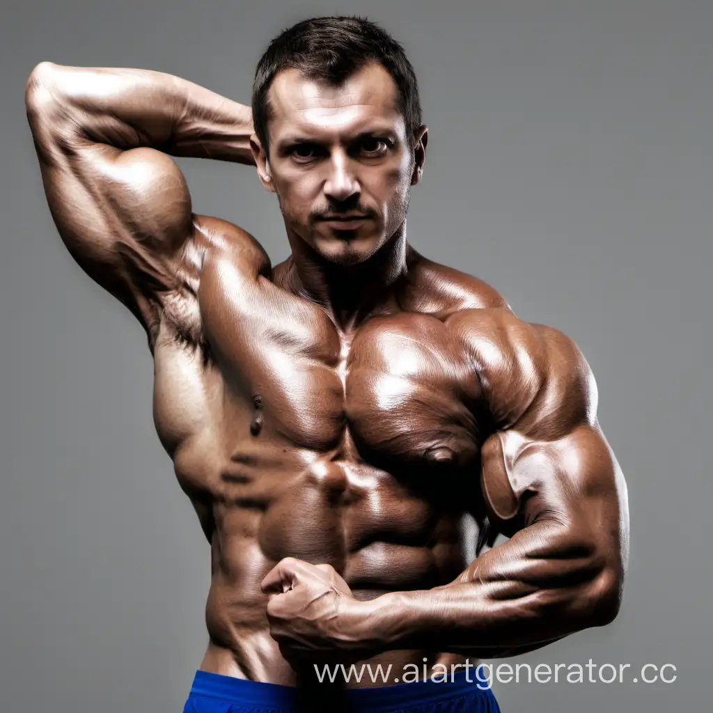 Мужчина европейской внешности показывает мышцы трицепса