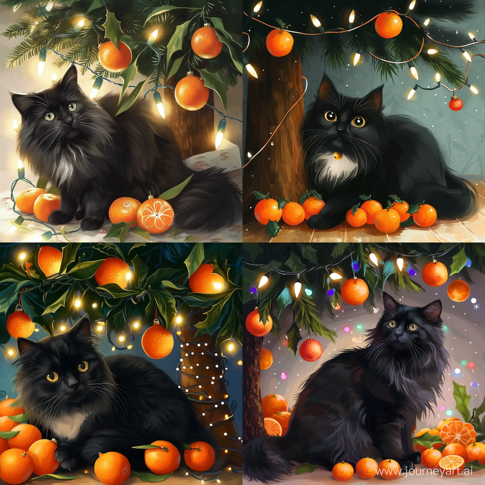 Adorable-Black-Fluffy-Cat-Under-Christmas-Tree-with-Tangerines-and-Lights