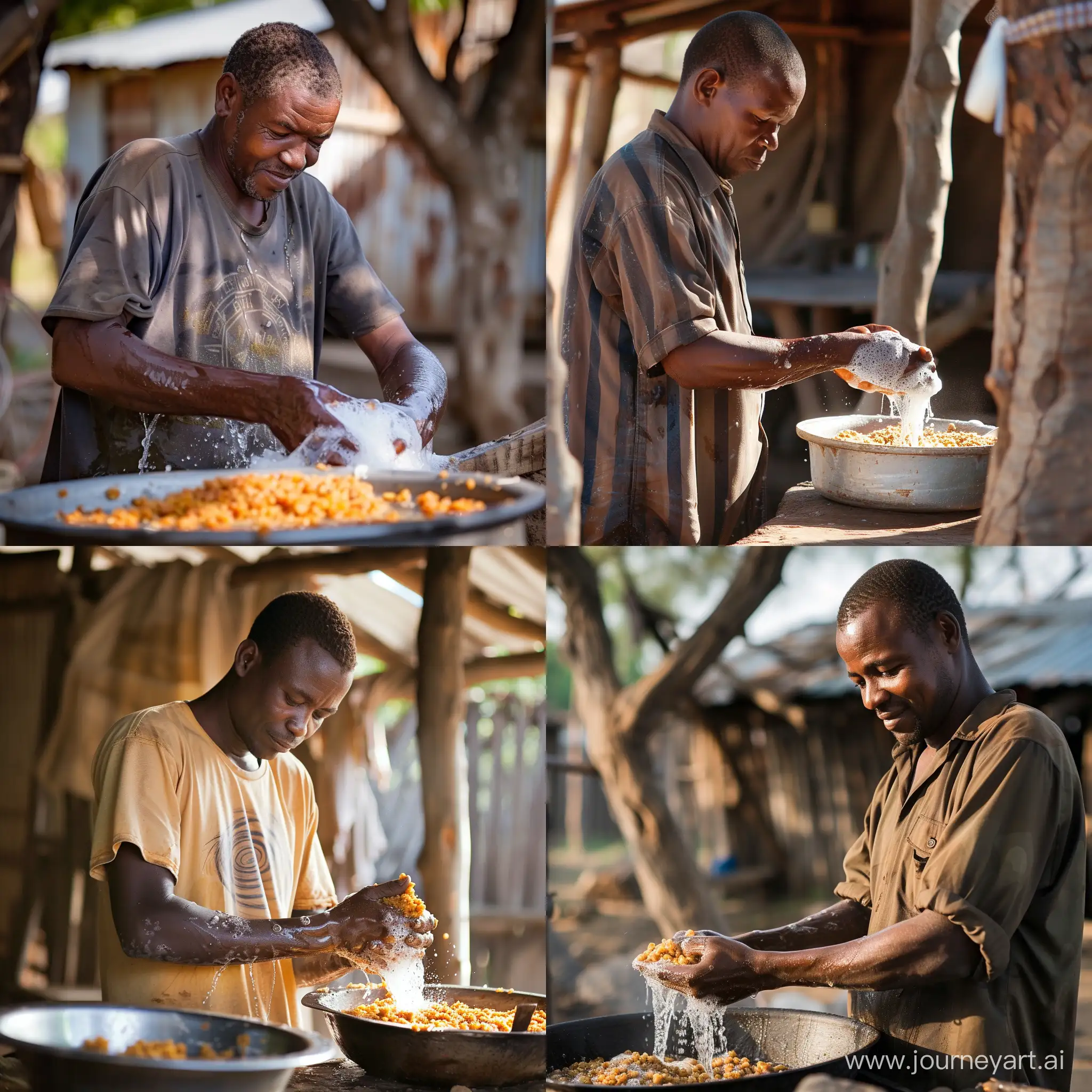 African man washing hands, eating sadza, at a rural home,