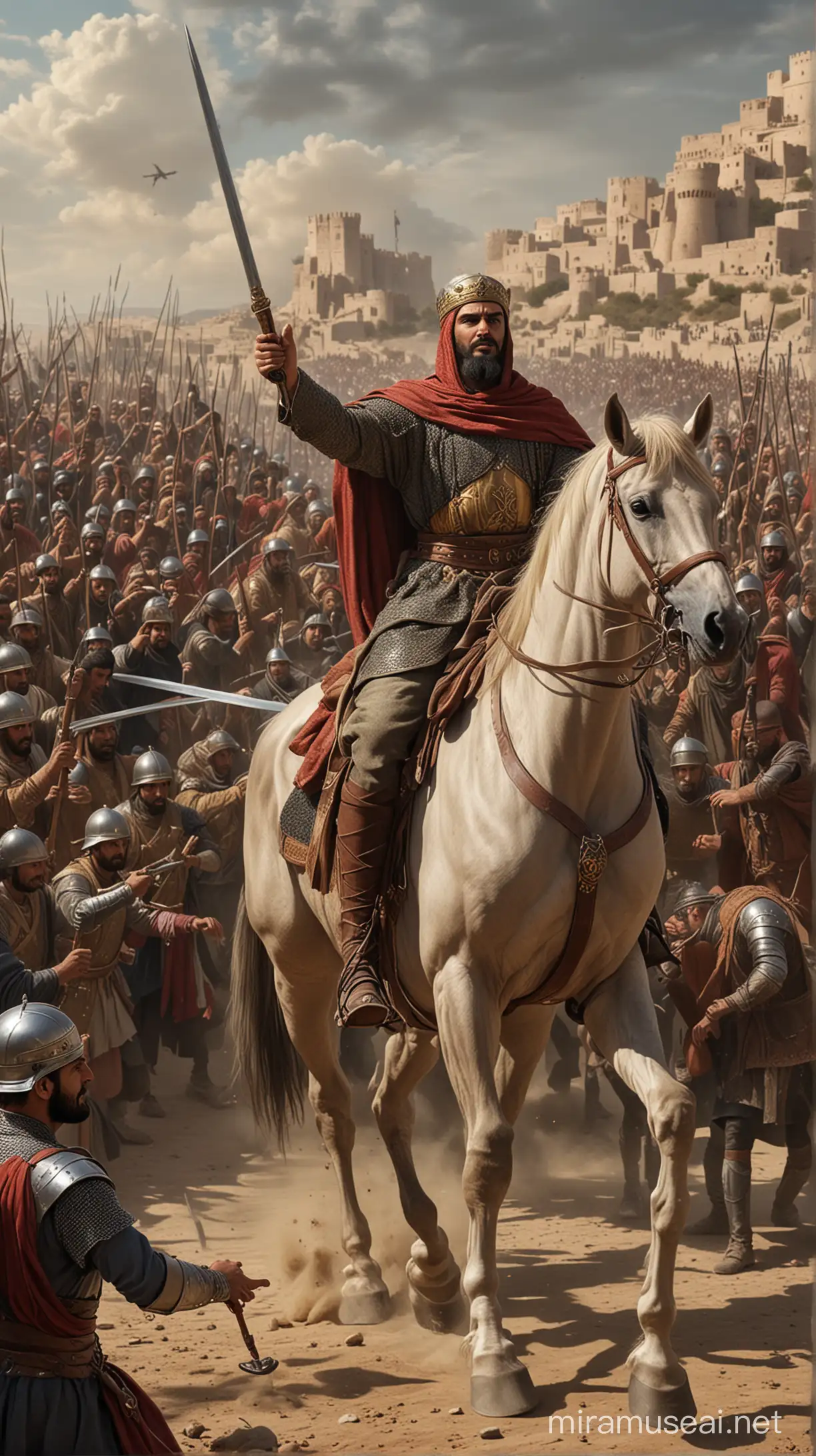 Tariq bin Ziyad facing a larger force led by King Roderick upon reaching Spain. Hyper realistic