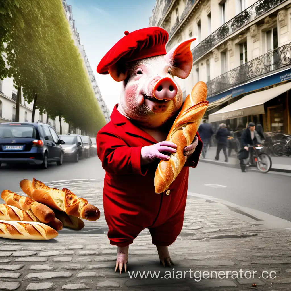 Свинья идёт по Парижу в тельняшке, красном берете, ест багет