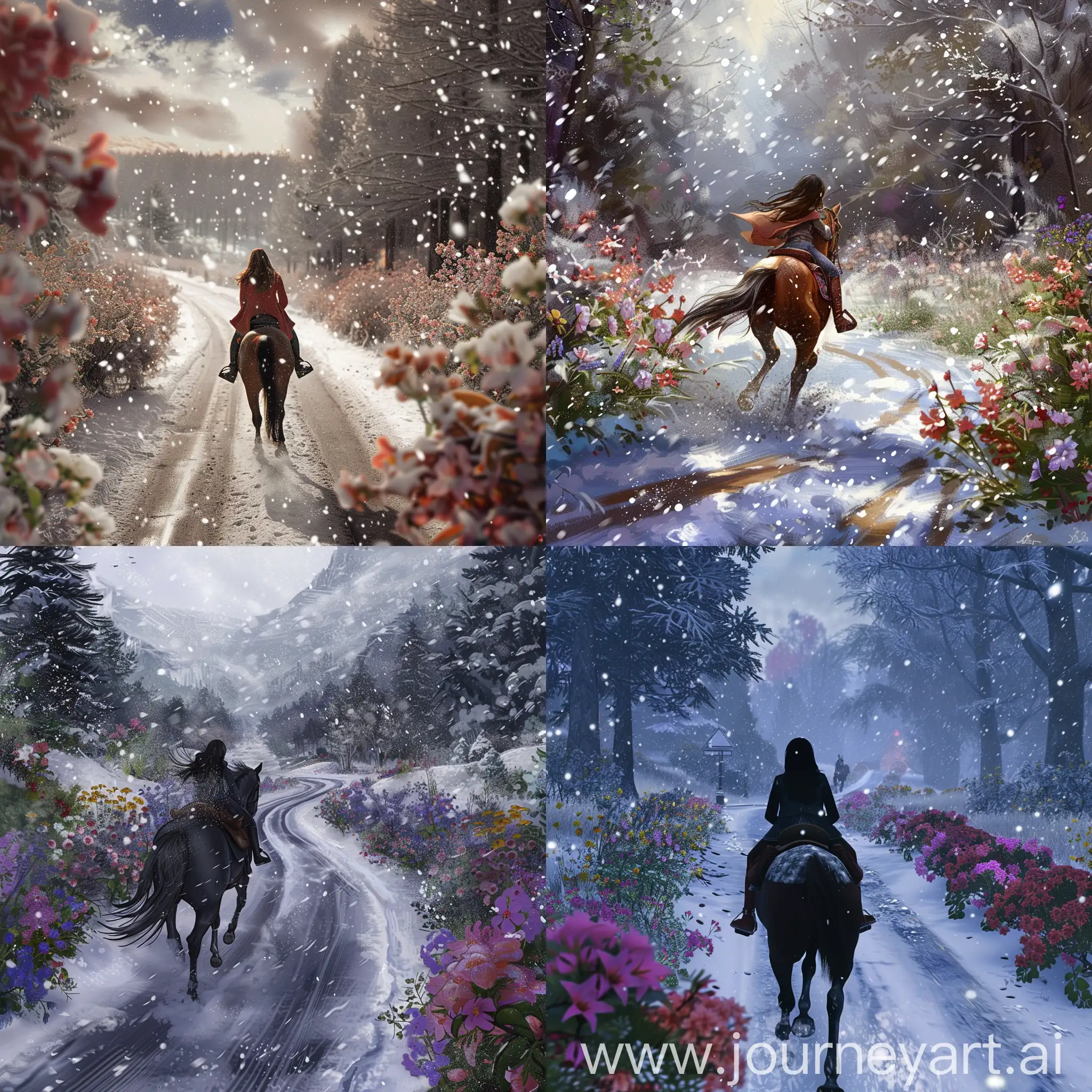 Girl-Galloping-Through-Snowy-Road-with-Blooming-Flowers
