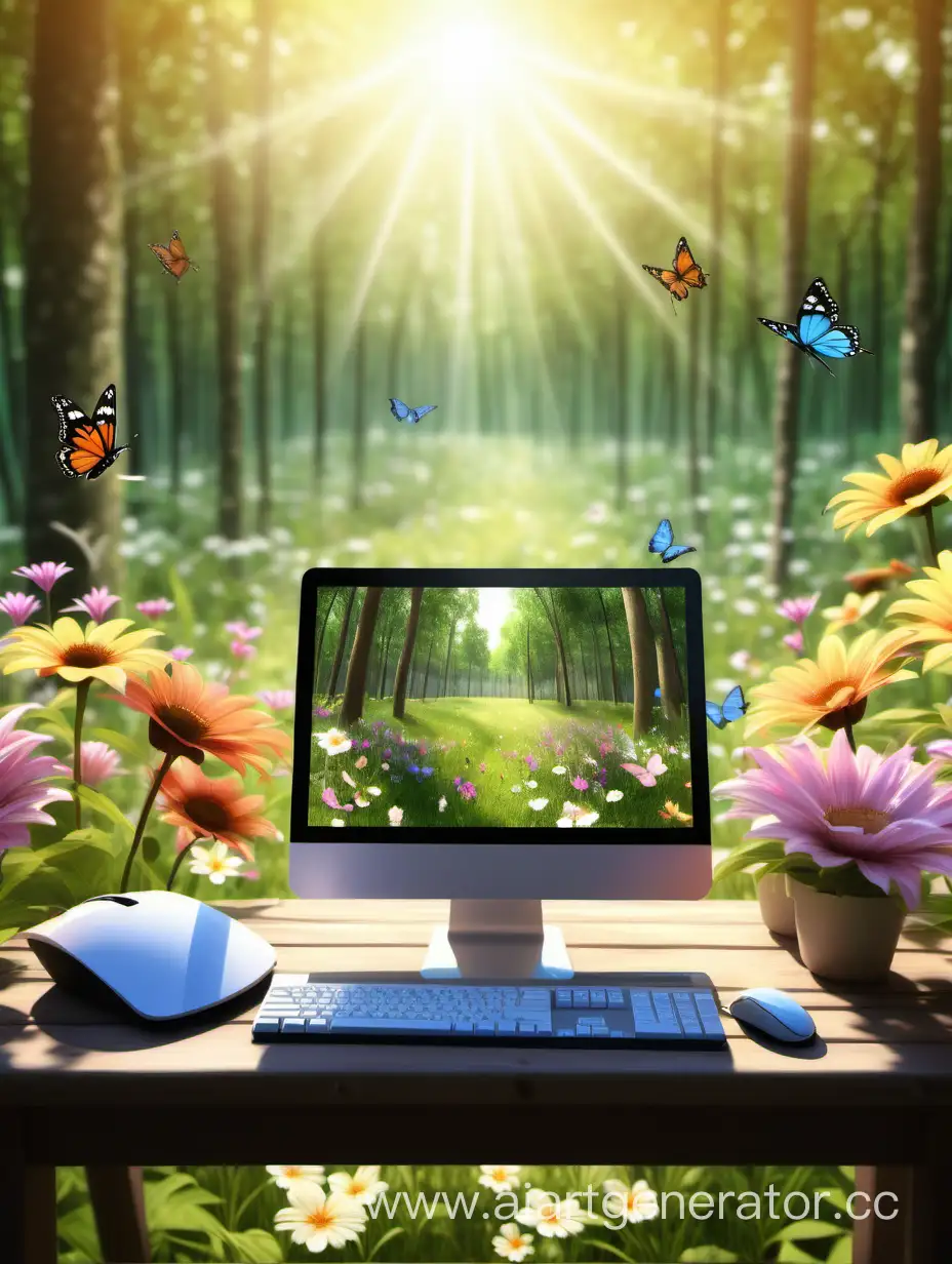 компьютер стоит на столе, на солнечной опушке, вокруг много цветов и летают бабочки