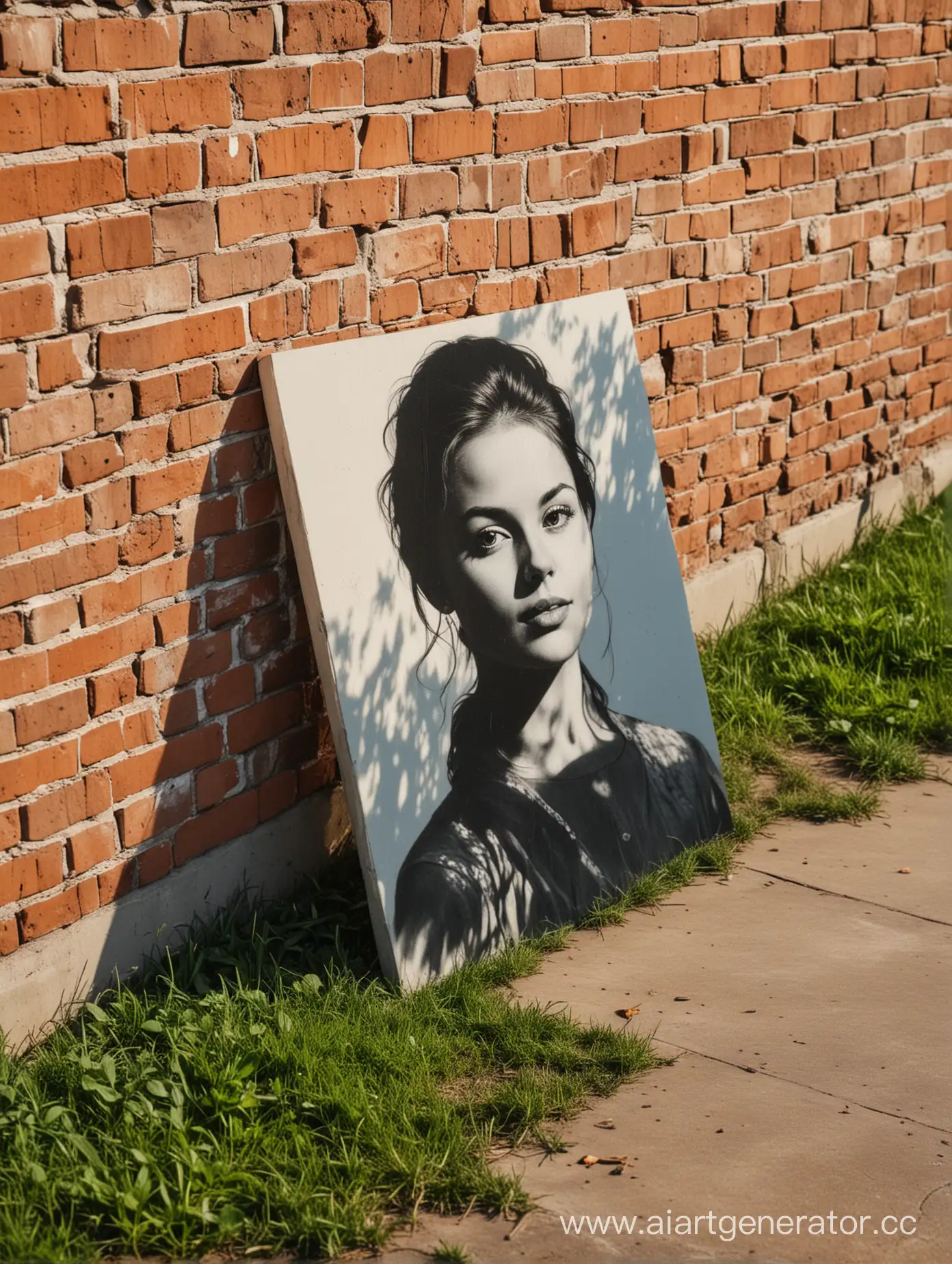 The portrait on canvas stands in the park on the grass leaning against a brick wall. The shadow of the portrait falls on the wall and the ground.