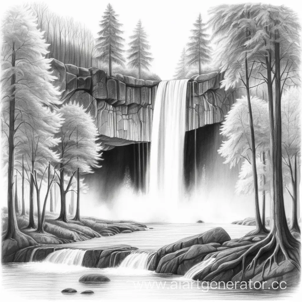 Нарисуй природу с водопадом и деревьями