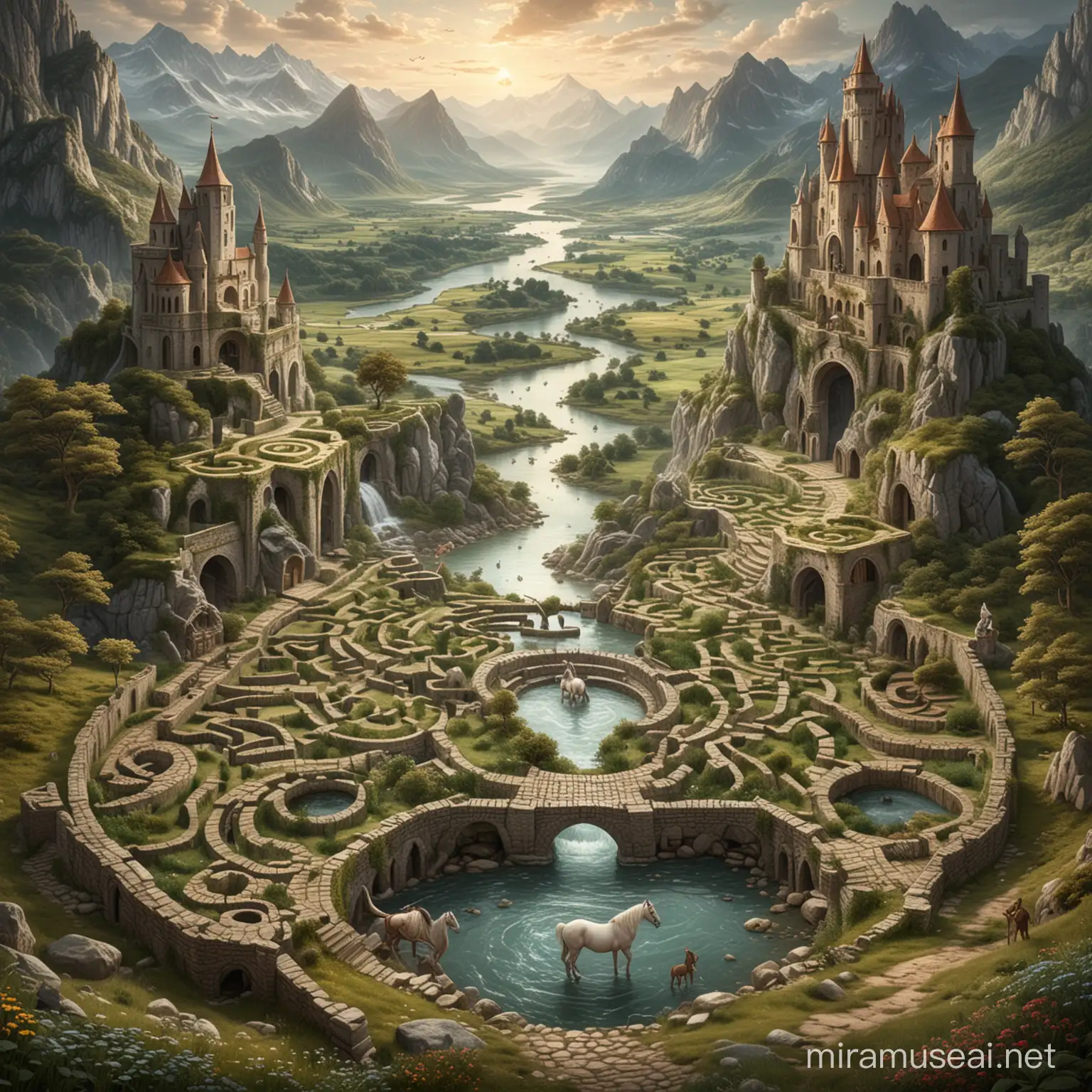 a labyrinth in the middle of a medieval landscape with mountains and a river, guarded by a unicorn, a satyr, a dragon and a centaur