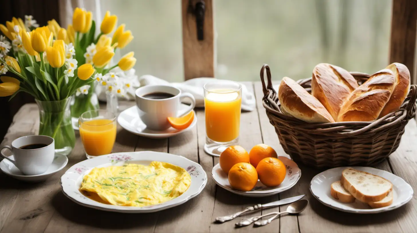 Charming Rustic Breakfast Table with Fresh Omelette and Spring Flowers