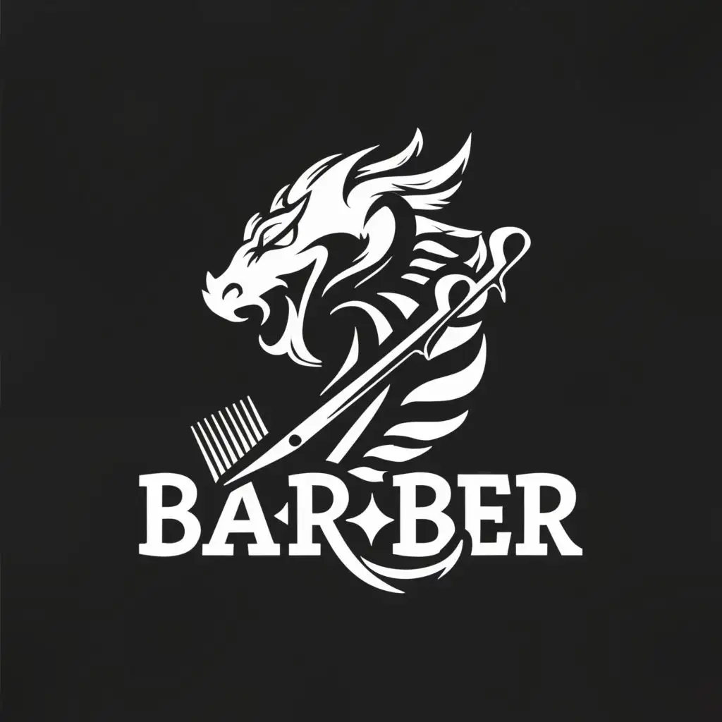 logo, Abstract fun dragon hairdresser with scissors and comb in black and white in minimalism, with the text "I - Barber", typography, be used in Entertainment industry
