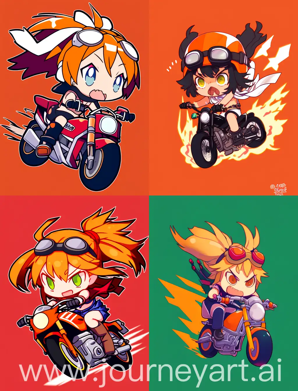 angry chibi anime girl riding a motorcycle, cartoon anime style, with strong lines, with orange solid background