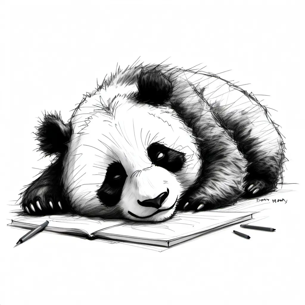 Panda asleep, rough sketch, scribbled, black and white, Hairy Maclary, white background, f5.6