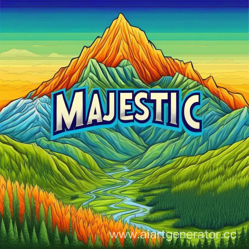 горный пейзаж с разнообразием природы с надписью Majestic Maykop. такие цвета как оранджевый, голубой, желтый, зеленый.
