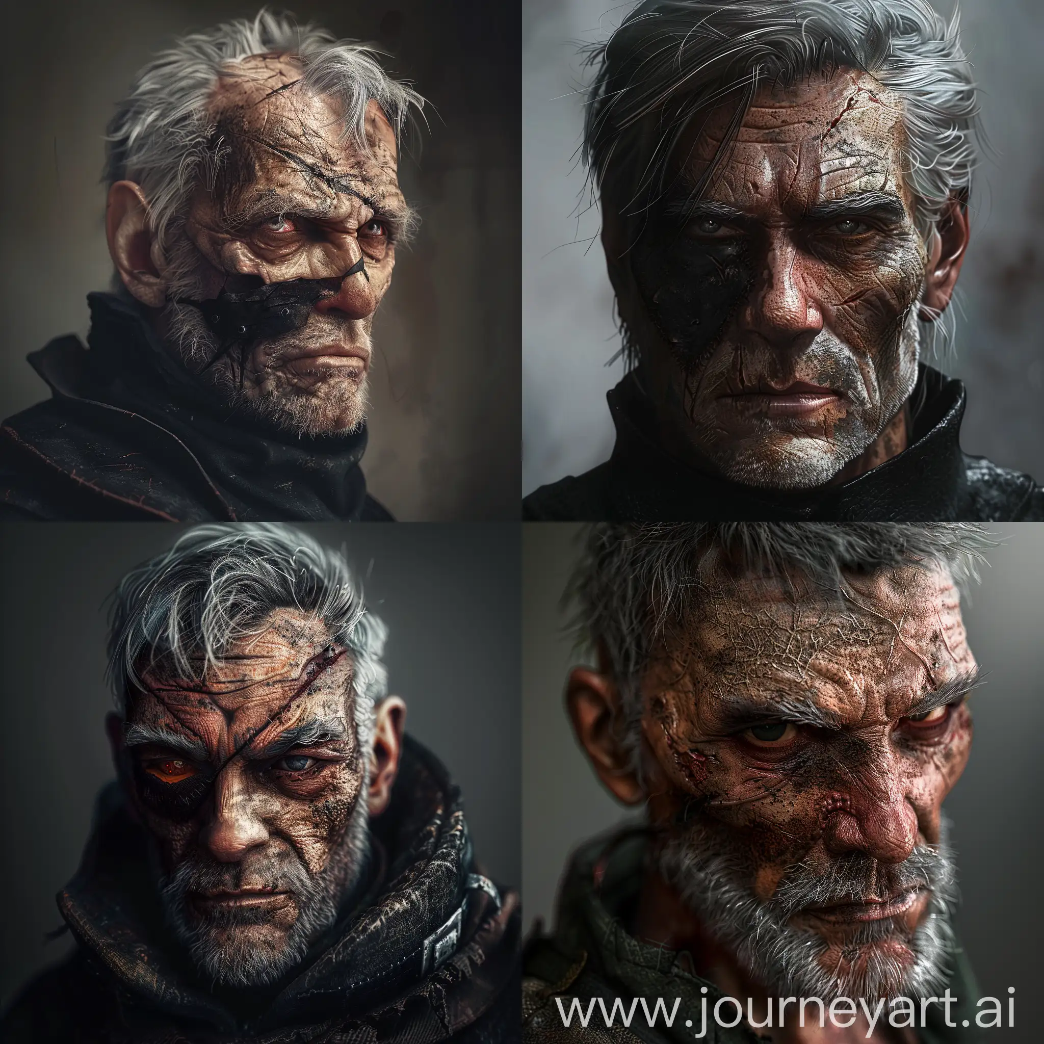 masterpiece, highly detailed, 4k, high resolution, totally nomal looking human male, fantasy dark fantasy, aged , scarred, blind in one eye, grey hair