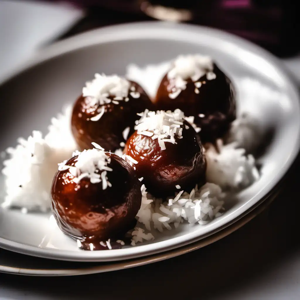 dark brown gulab jamun with crushed coconut topping on a plate in a cafe in a white light