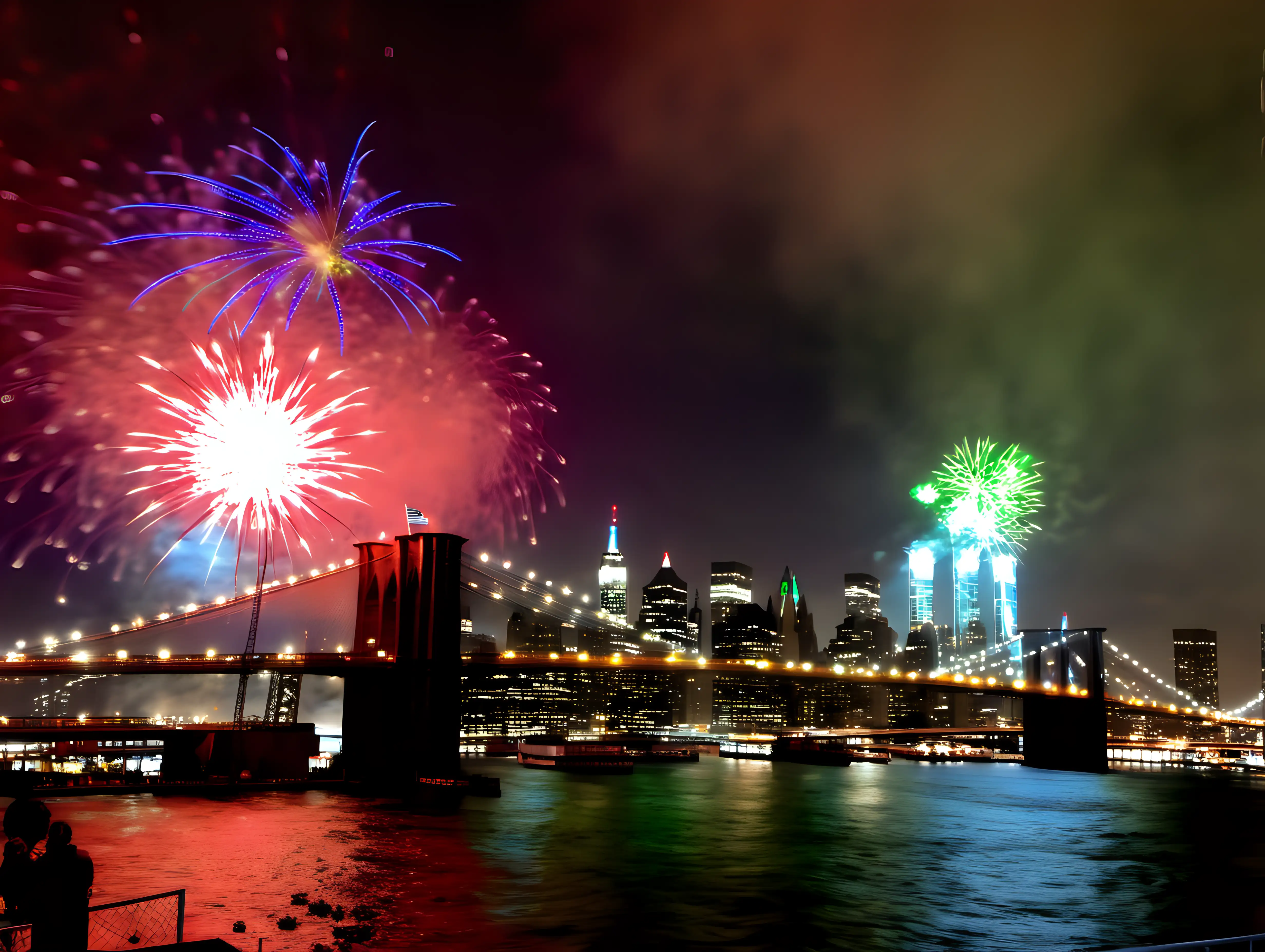 Spectacular New Years Eve Fireworks Illuminating Brooklyn Bridge in Red Blue and Green