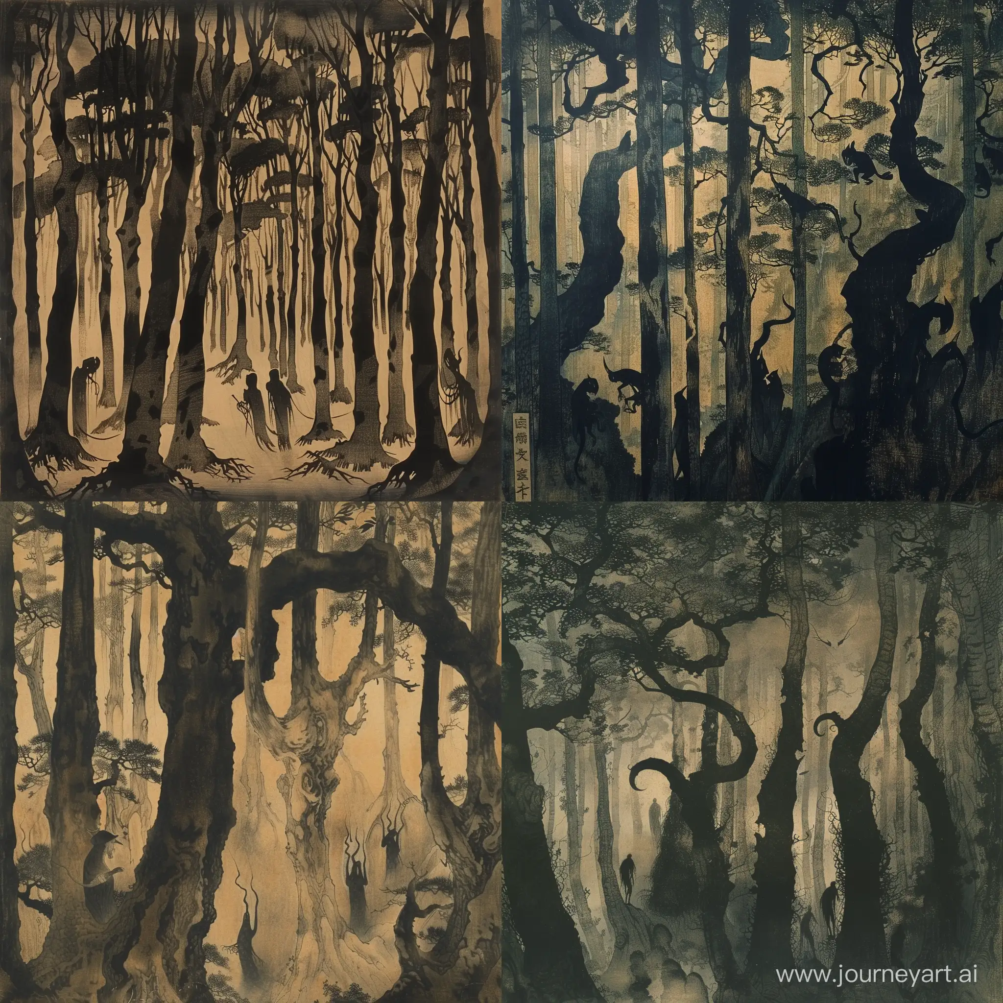 A dense forest cloaked in perpetual darkness, where twisted trees loom overhead and strange creatures lurk in the shadows. The air is thick with a sense of unease, and travelers who venture too far risk becoming lost forever in its labyrinthine depths, silhouetted creatures lurks in the trees,  Ukiyo-E painting style, woodblock prints, vintage, japanese style, edo period, detailed
