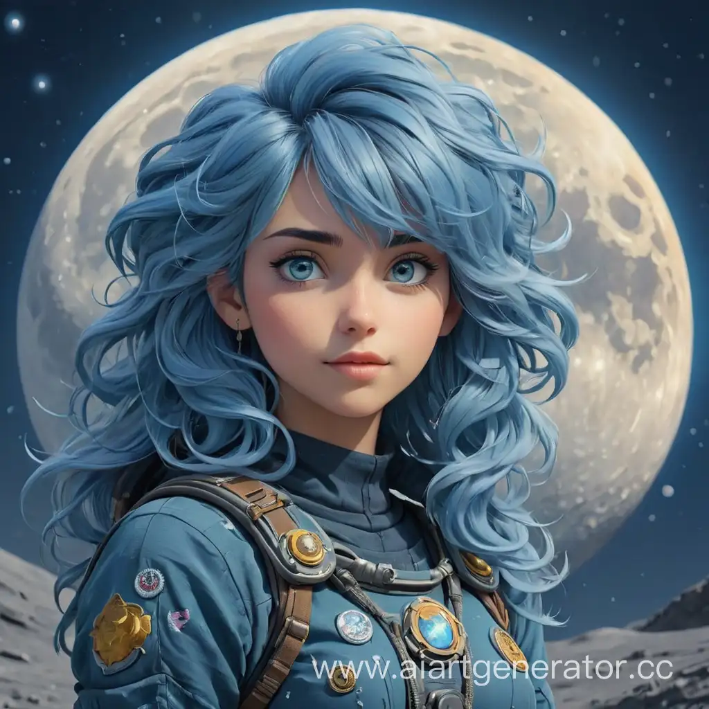 голубоволосая девочка на луне, картинка в голубых оттенках, в стиле арт